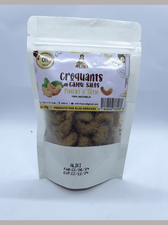 Croquants de cajou salés piment et thym en sachet 50g - ALIKI